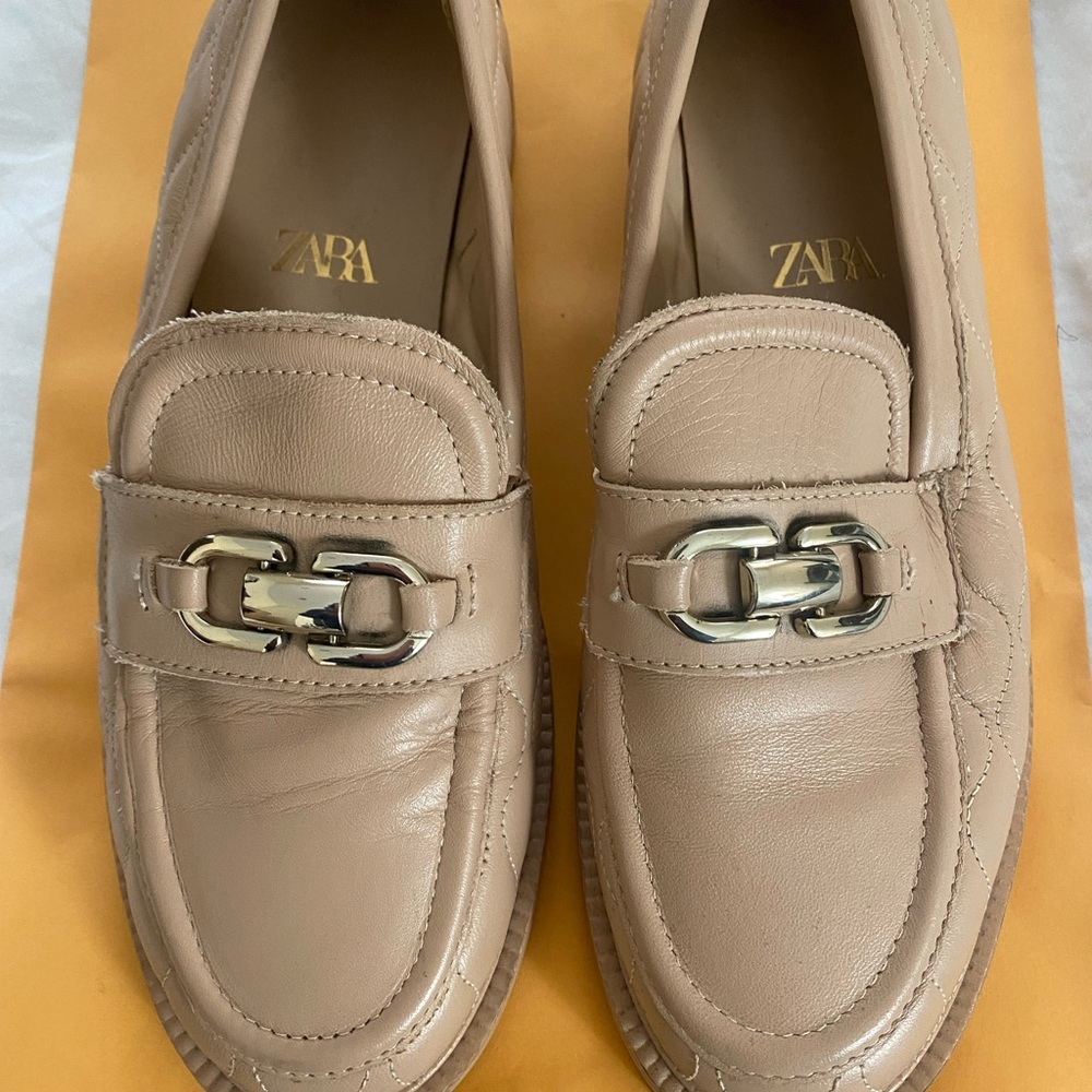 Zara Tan Loafers with Metallic Buckle